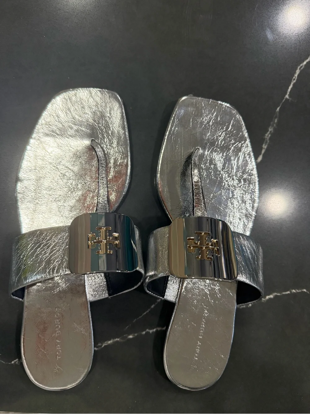 Tory Burch Silver Metallic Thong Slide Sandals